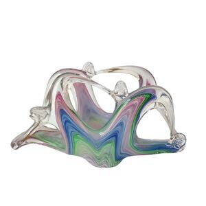 Vintage Murano Glass Centerpiece Napkin or Letter Holder Pink Blue Green 9x2x4